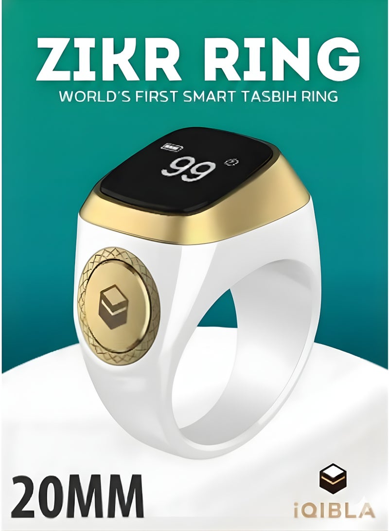 iQIBLA Smart Zikr Ring Lite 20MM Digital Tasbih Counter & Prayer Time Reminder | Waterproof Islamic Wearable Technology | Muslim Dhikr Tracker | Qibla & Salat Alerts | Portable Smart Tasbeeh | Ramadan & Eid Islamic Gift for Men & Women | White and Gold - Image 1